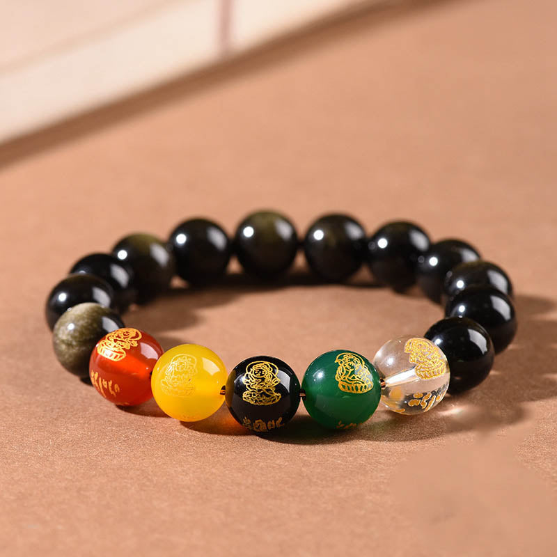 Buddha Stones金彩黒曜石 虹色黒曜石 黒曜石 五方位 富の神 ブレスレット