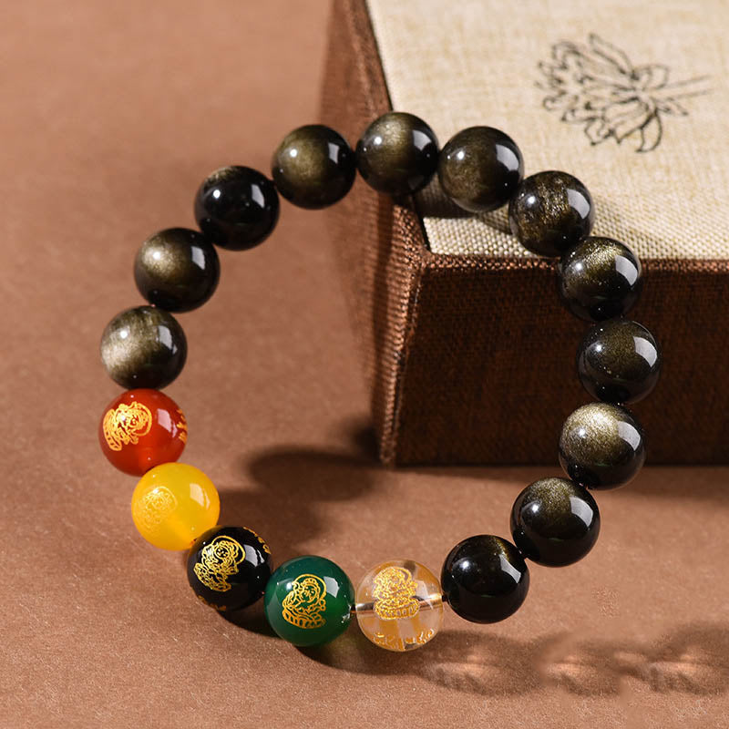 Buddha Stones金彩黒曜石 虹色黒曜石 黒曜石 五方位 富の神 ブレスレット