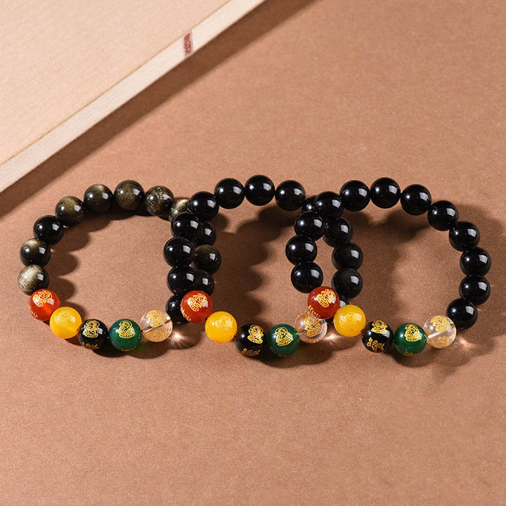 Buddha Stones金彩黒曜石 虹色黒曜石 黒曜石 五方位 富の神 ブレスレット