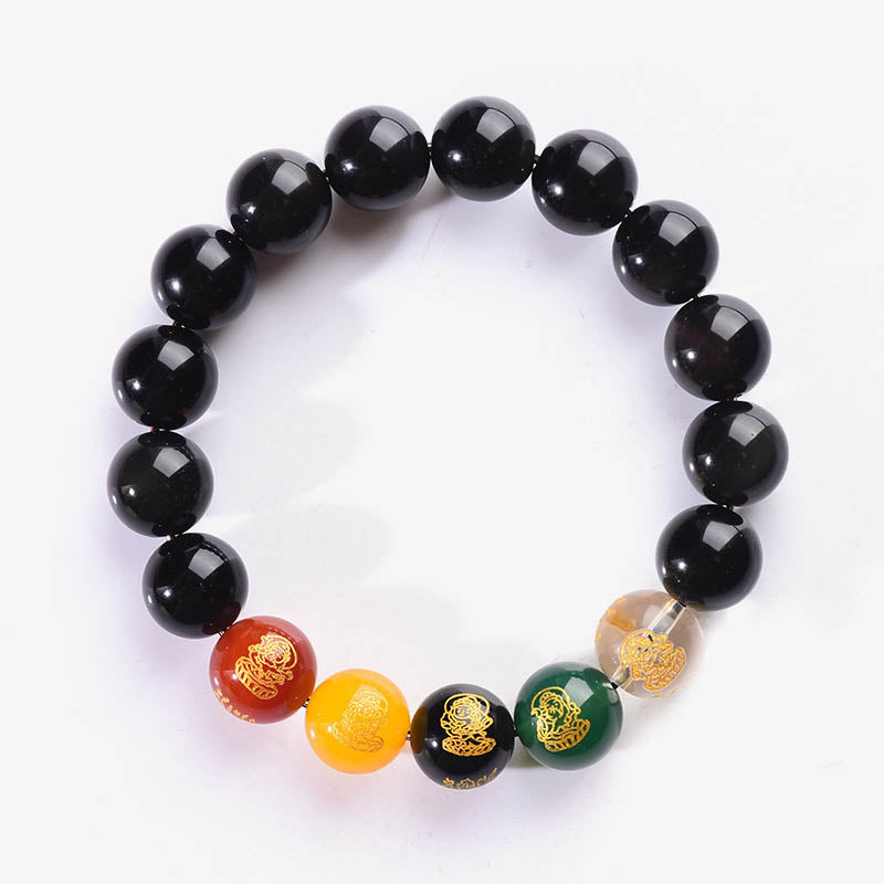 Buddha Stones金彩黒曜石 虹色黒曜石 黒曜石 五方位 富の神 ブレスレット