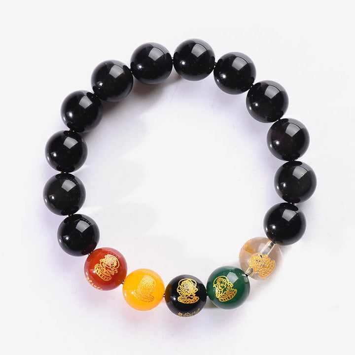 Buddha Stones金彩黒曜石 虹色黒曜石 黒曜石 五方位 富の神 ブレスレット