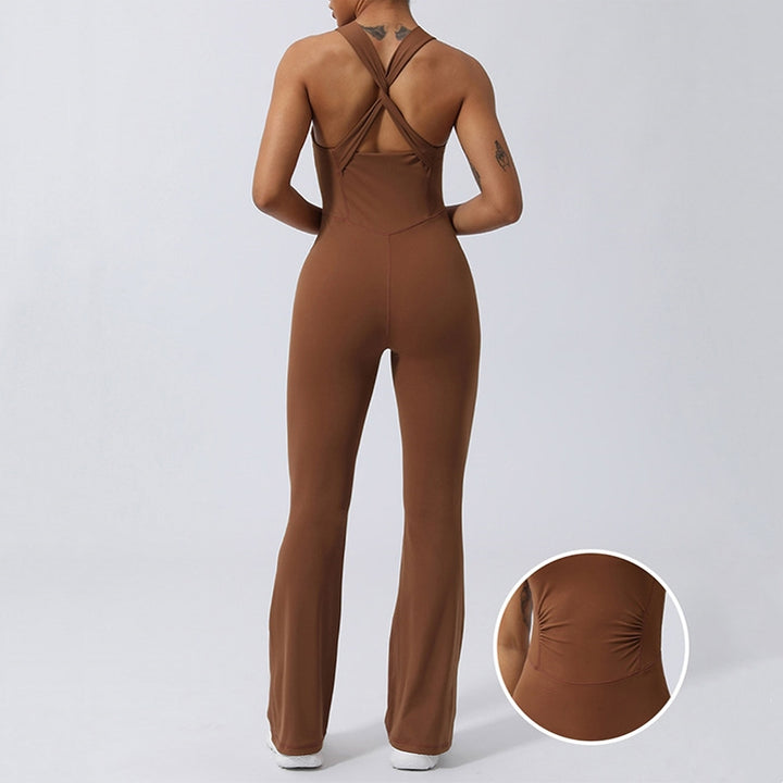 Buddha Stonesレディース ワークアウト クリスクロス ノースリーブ フレア ジャンプスーツ スポーツ フィットネス ヨガ ボディスーツ - 茶色 - US8-10、 UK/AU12-14、 EU40-42 (XL) - image 0