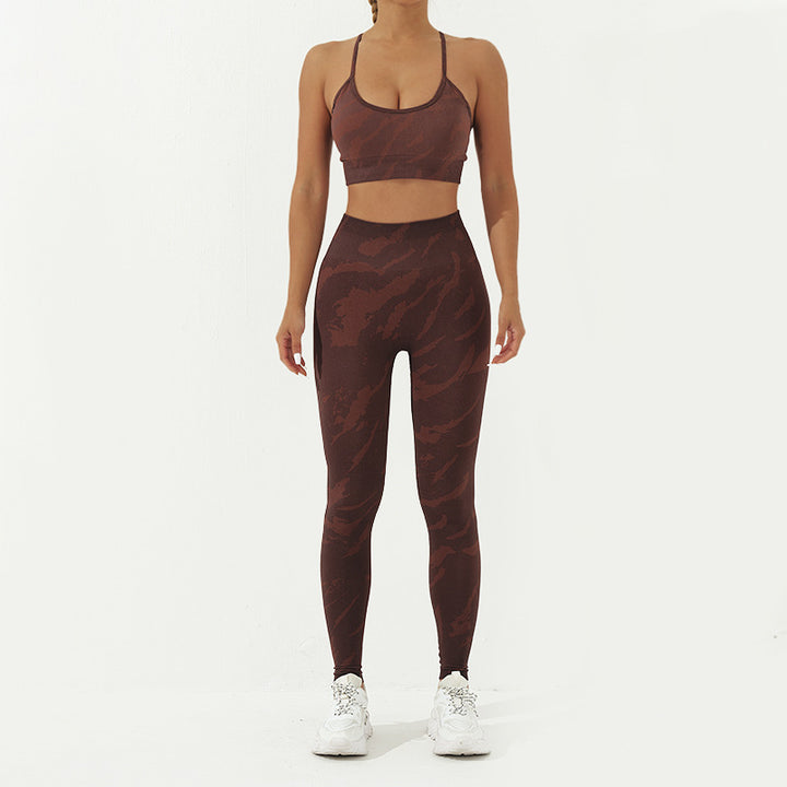 Buddha Stones 2点セット 迷彩柄 バックレス クロスストラップ トップ ブラ ショーツ レギンス パンツ フィットネス ヨガ 衣装セット - 茶色 - 2点(トップス&パンツ) - US8-10、 UK/AU12-14、 EU40-42 (L) - image 9