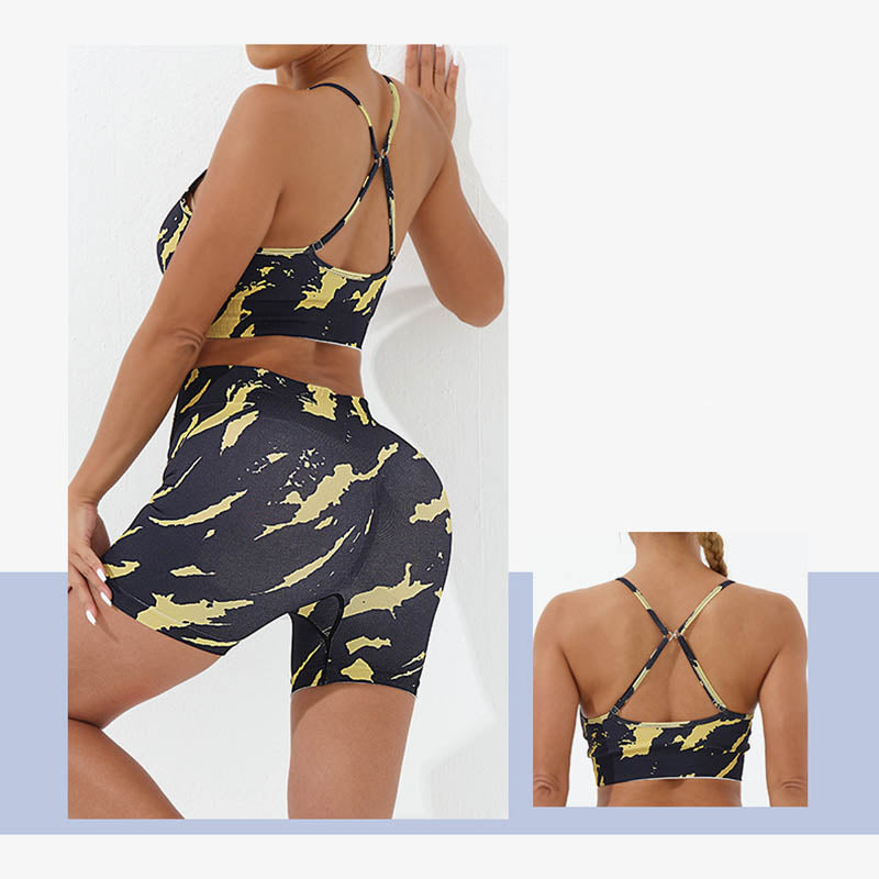 Buddha Stones 2点セット 迷彩柄 バックレス クロスストラップ トップ ブラ ショーツ レギンス パンツ フィットネス ヨガ 衣装セット