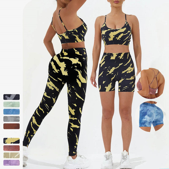 Buddha Stones 2点セット 迷彩柄 バックレス クロスストラップ トップ ブラ ショーツ レギンス パンツ フィットネス ヨガ 衣装セット