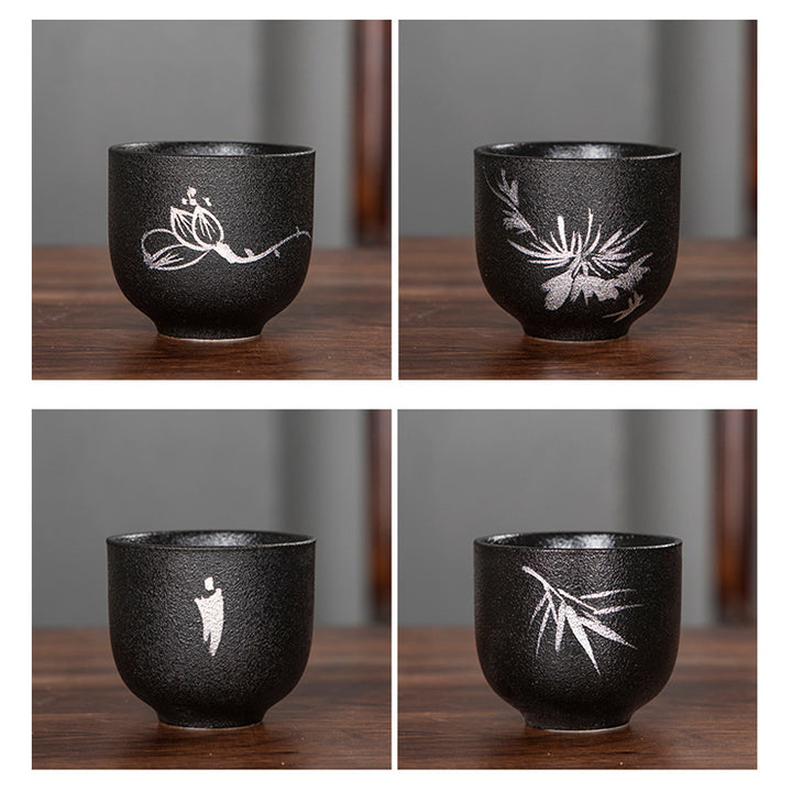 Buddha Stones手描き蓮の花竹菊黒陶器セラミックティーカップカンフーティーカップ95ml