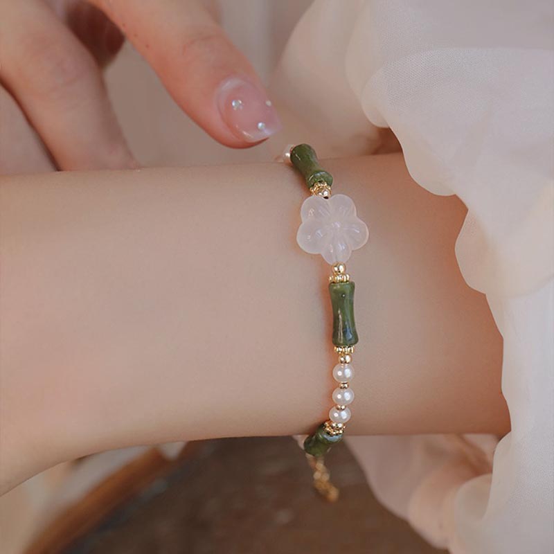 Buddha Stonesペリドット竹花瑪瑙真珠平和ブレスレット