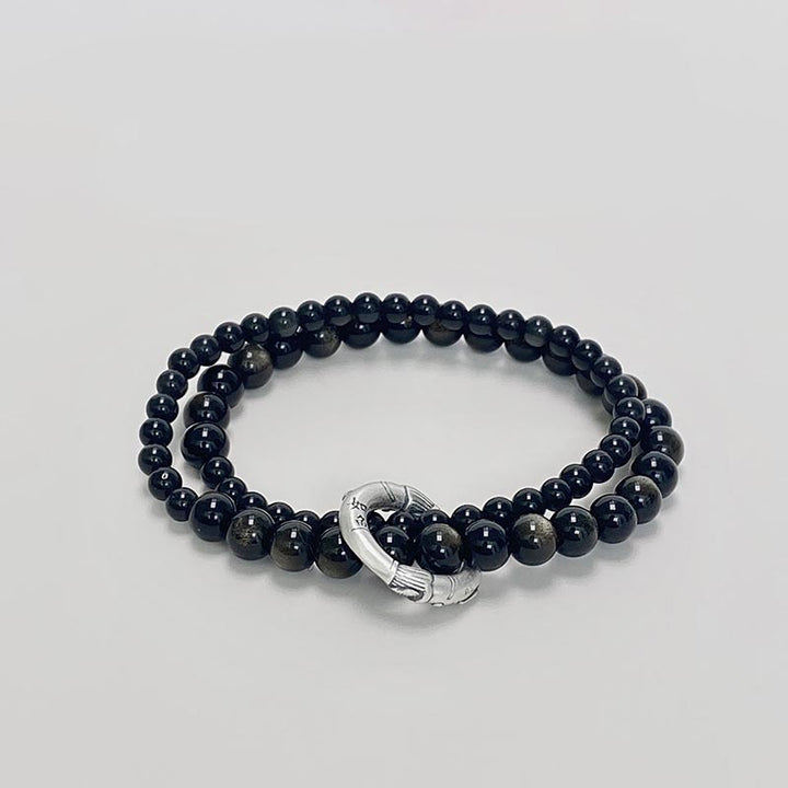 Buddha Stones999スターリングシルバー ブラックオブシディアン フルフィルメント 強度 二重層ブレスレット