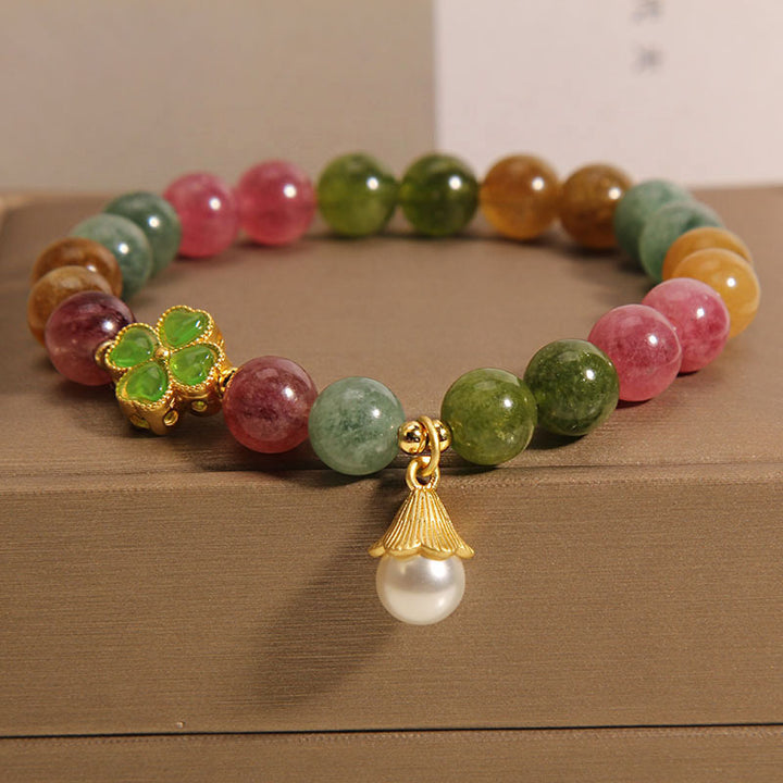 Buddha Stonesカラフルトルマリン 四つ葉のクローバー 花の知恵ブレスレット