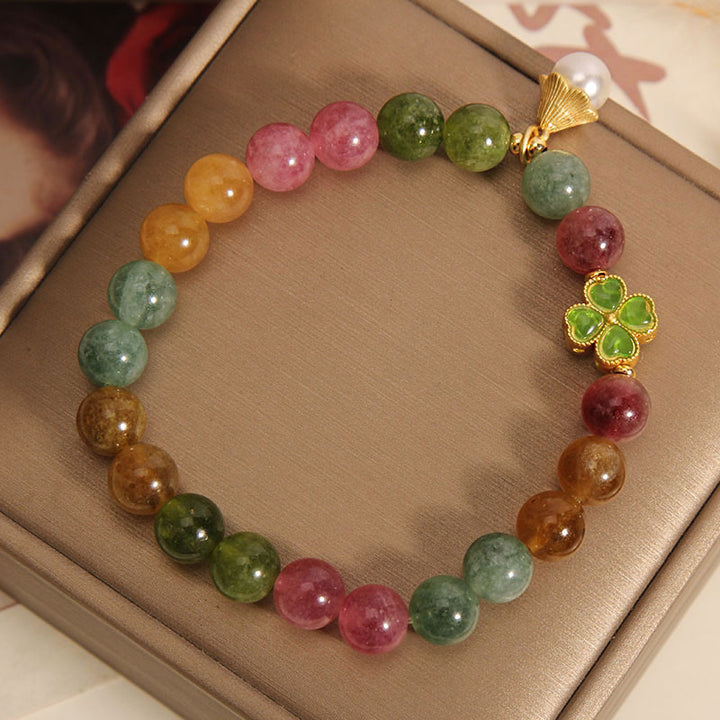 Buddha Stonesカラフルトルマリン 四つ葉のクローバー 花の知恵ブレスレット