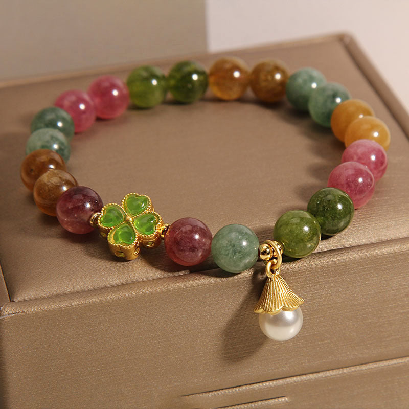 Buddha Stonesカラフルトルマリン 四つ葉のクローバー 花の知恵ブレスレット