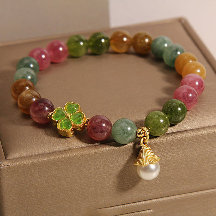 Buddha Stonesカラフルトルマリン 四つ葉のクローバー 花の知恵ブレスレット