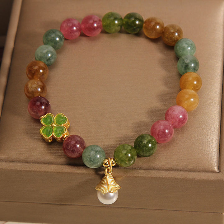 Buddha Stonesカラフルトルマリン 四つ葉のクローバー 花の知恵ブレスレット