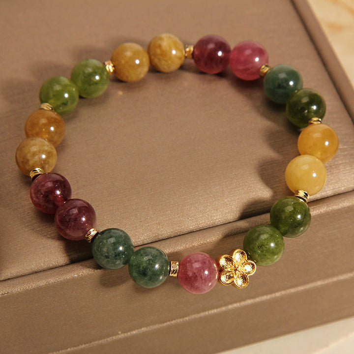 Buddha Stones天然カラフルトルマリン ゴールデンフラワー ポジティブブレスレット