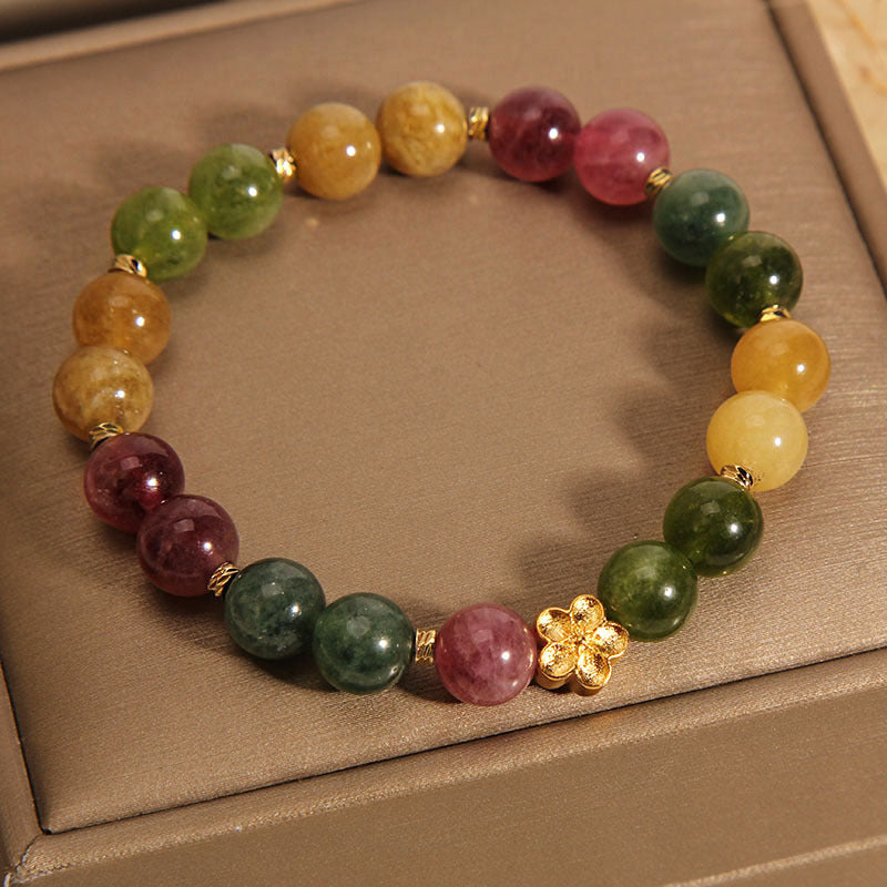Buddha Stones天然カラフルトルマリン ゴールデンフラワー ポジティブブレスレット