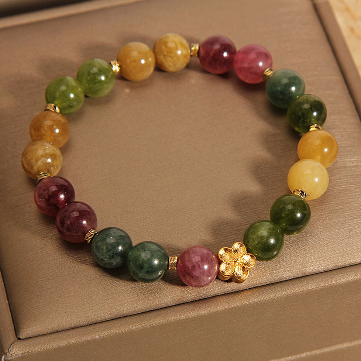Buddha Stones天然カラフルトルマリン ゴールデンフラワー ポジティブブレスレット