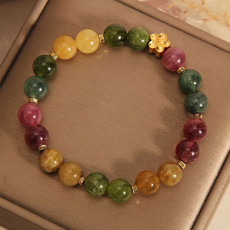 Buddha Stones天然カラフルトルマリン ゴールデンフラワー ポジティブブレスレット