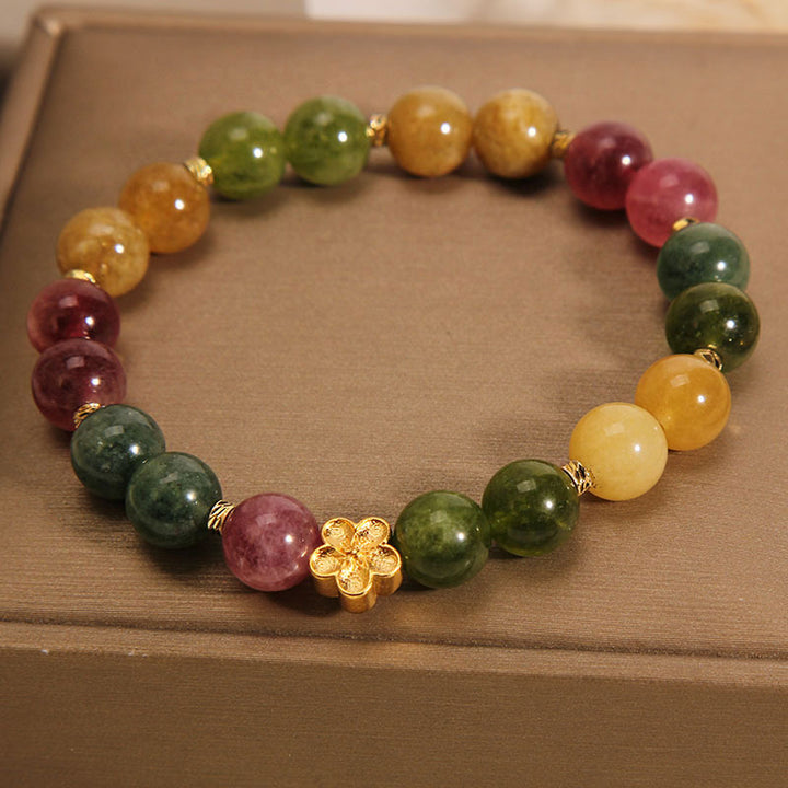 Buddha Stones天然カラフルトルマリン ゴールデンフラワー ポジティブブレスレット