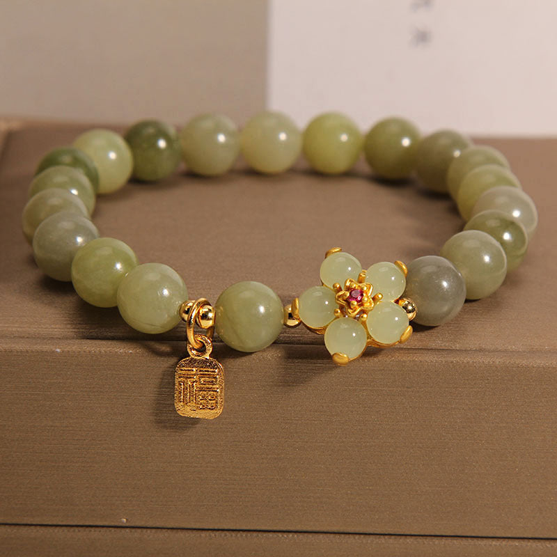 Buddha Stones緑翡翠 花 福 キャラクター チャーム幸運ブレスレット - 翡翠（手首周り14～16cm） - image 0