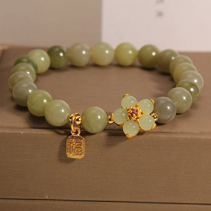Buddha Stones緑翡翠 花 福 キャラクター チャーム幸運ブレスレット - 翡翠（手首周り14～16cm） - image 0