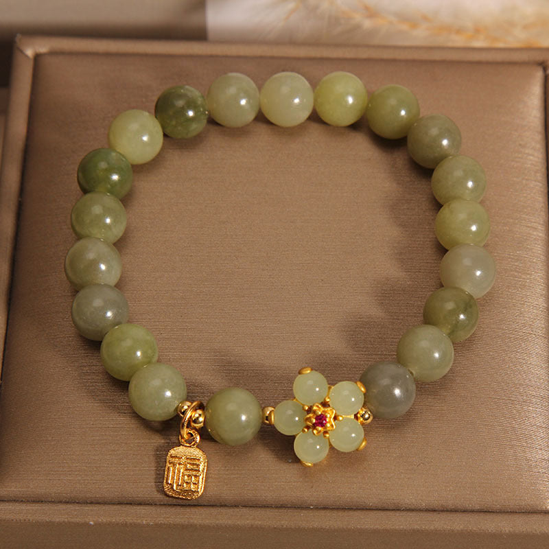 Buddha Stones緑翡翠 花 福 キャラクター チャーム幸運ブレスレット - image 1
