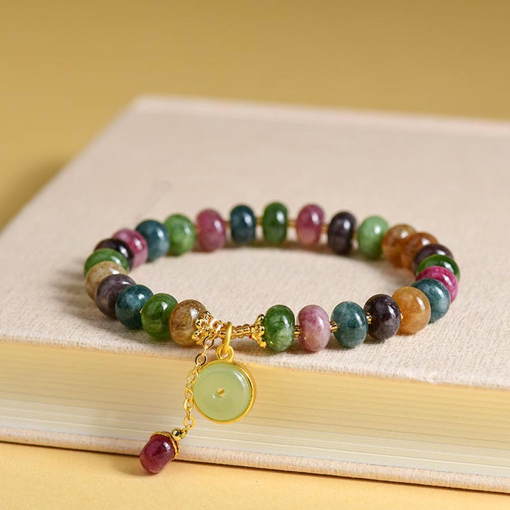Buddha Stonesカラフルトルマリン かわいい花うさぎチャームラブブレスレット