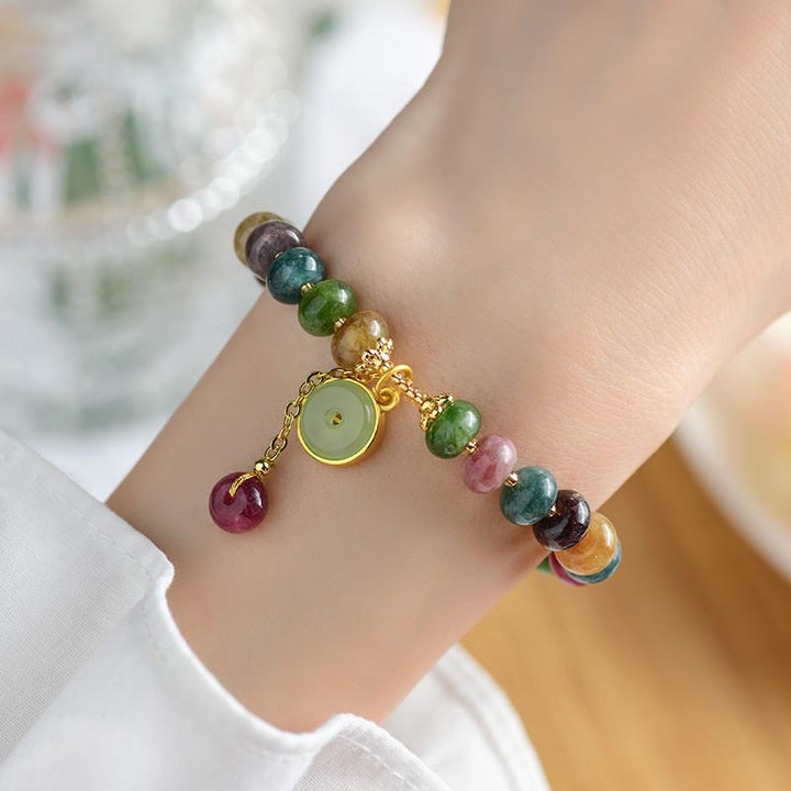 Buddha Stonesカラフルトルマリン かわいい花うさぎチャームラブブレスレット
