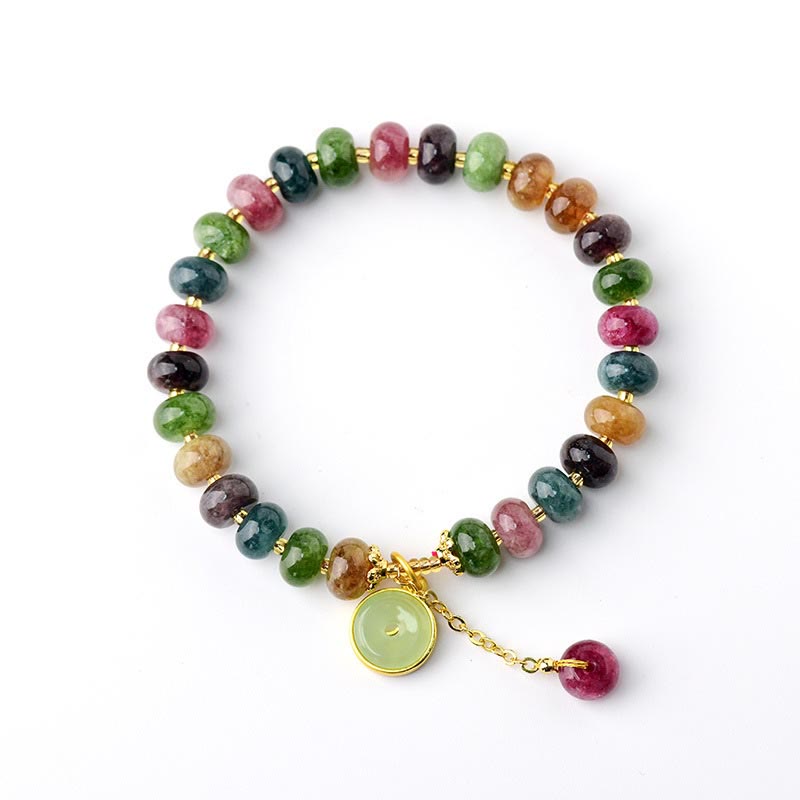 Buddha Stonesカラフルトルマリン かわいい花うさぎチャームラブブレスレット