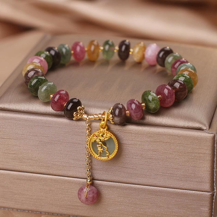 Buddha Stonesカラフルトルマリン かわいい花うさぎチャームラブブレスレット