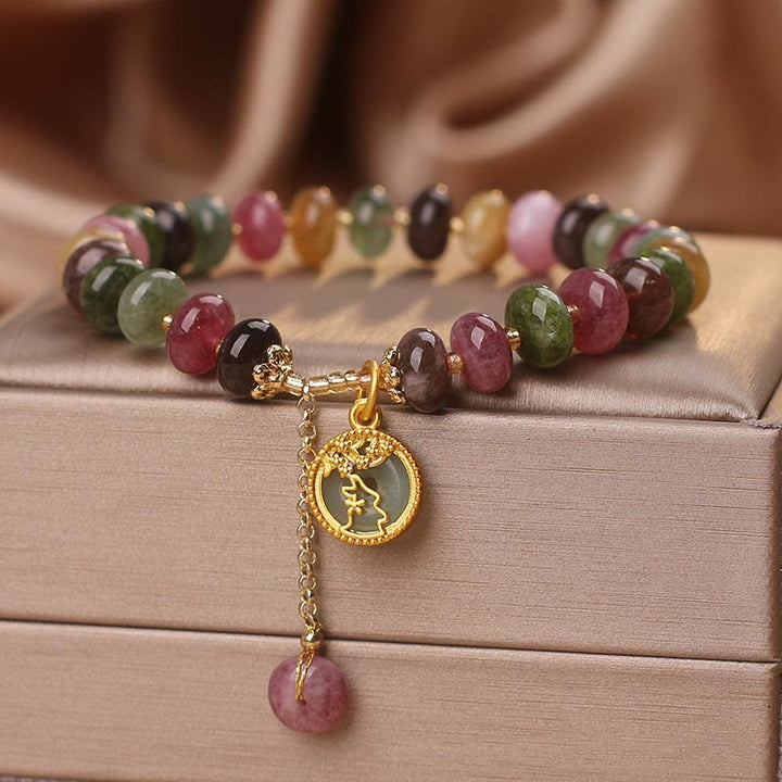 Buddha Stonesカラフルトルマリン かわいい花うさぎチャームラブブレスレット