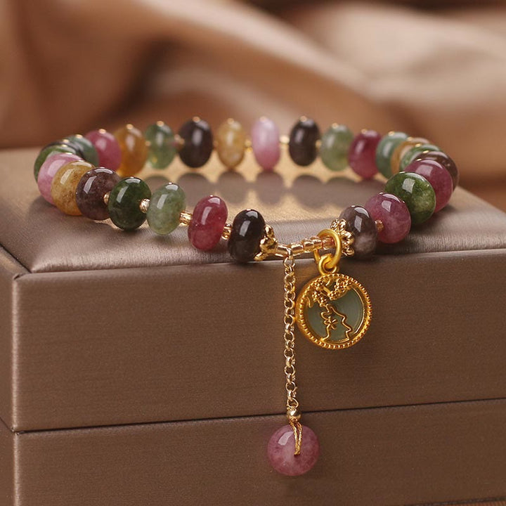 Buddha Stonesカラフルトルマリン かわいい花うさぎチャームラブブレスレット