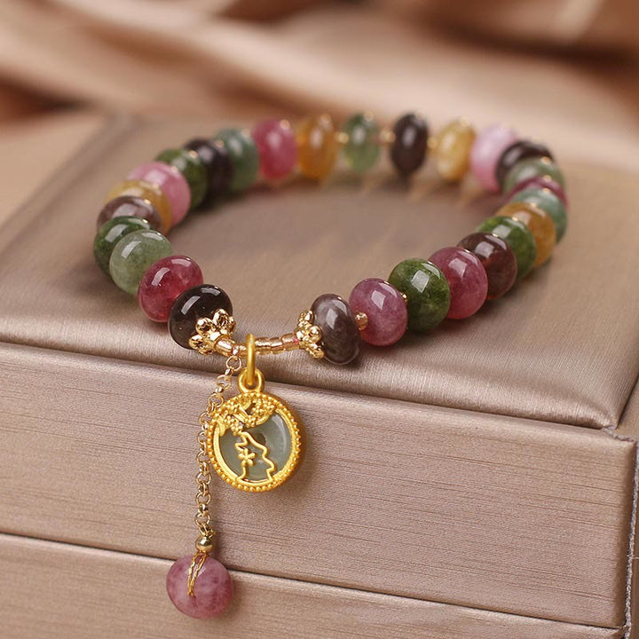 Buddha Stonesカラフルトルマリン かわいい花うさぎチャームラブブレスレット