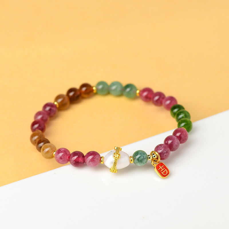 Buddha Stones天然多色トルマリンパール 縁起の良いキャラクターチャーム 知恵のブレスレット