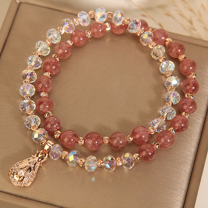 Buddha Stonesストロベリークォーツ ホワイトクリスタル マネーバッグチャーム ポジティブブレスレット
