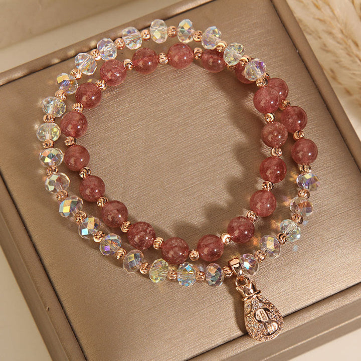 Buddha Stonesストロベリークォーツ ホワイトクリスタル マネーバッグチャーム ポジティブブレスレット