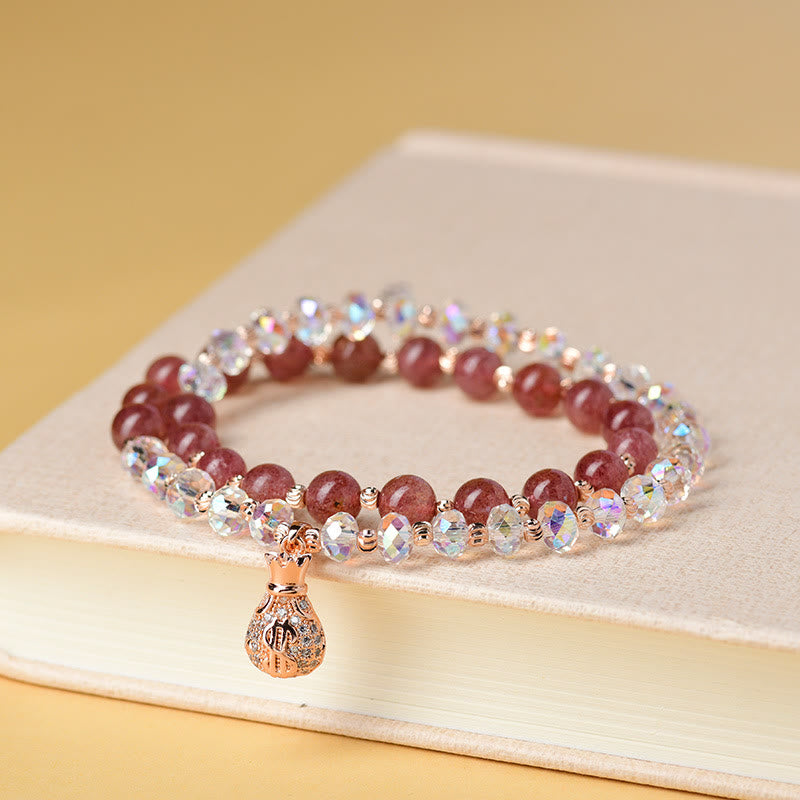 Buddha Stonesストロベリークォーツ ホワイトクリスタル マネーバッグチャーム ポジティブブレスレット