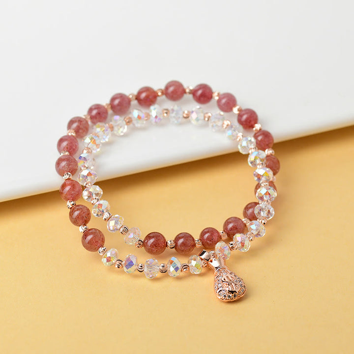 Buddha Stonesストロベリークォーツ ホワイトクリスタル マネーバッグチャーム ポジティブブレスレット