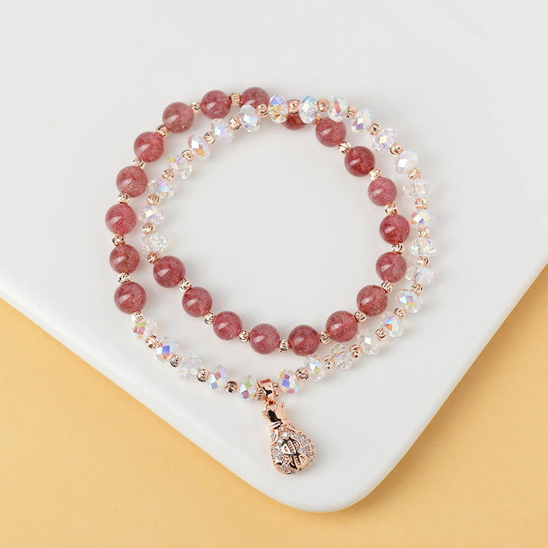 Buddha Stonesストロベリークォーツ ホワイトクリスタル マネーバッグチャーム ポジティブブレスレット