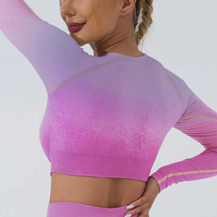 Buddha StonesグラデーションロングスリーブクロップトップTシャツブラレギンスパンツフィットネスヨガウェア - トップ - 紫ピンク - US4、 UK/AU8、 EU36 (L) - image 10