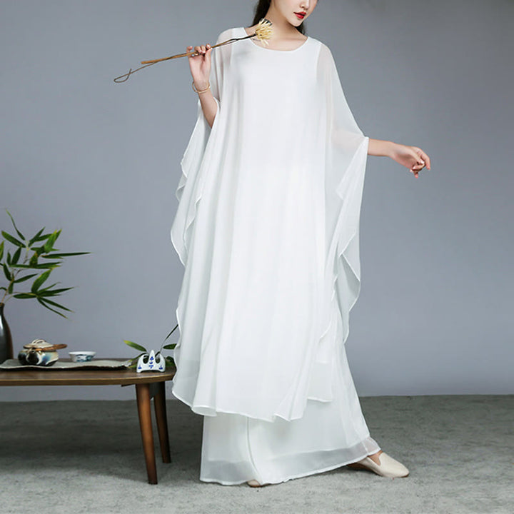 Buddha Stonesのシンプルな柄のミディドレス、ワイドレッグパンツ、瞑想、スピリチュアル、禅の練習、ヨガ、ダンスウェア - 白 - 2点(ドレス&パンツ) - US8-10，UK/AU12-14，EU40-42 (2XL) - image 0