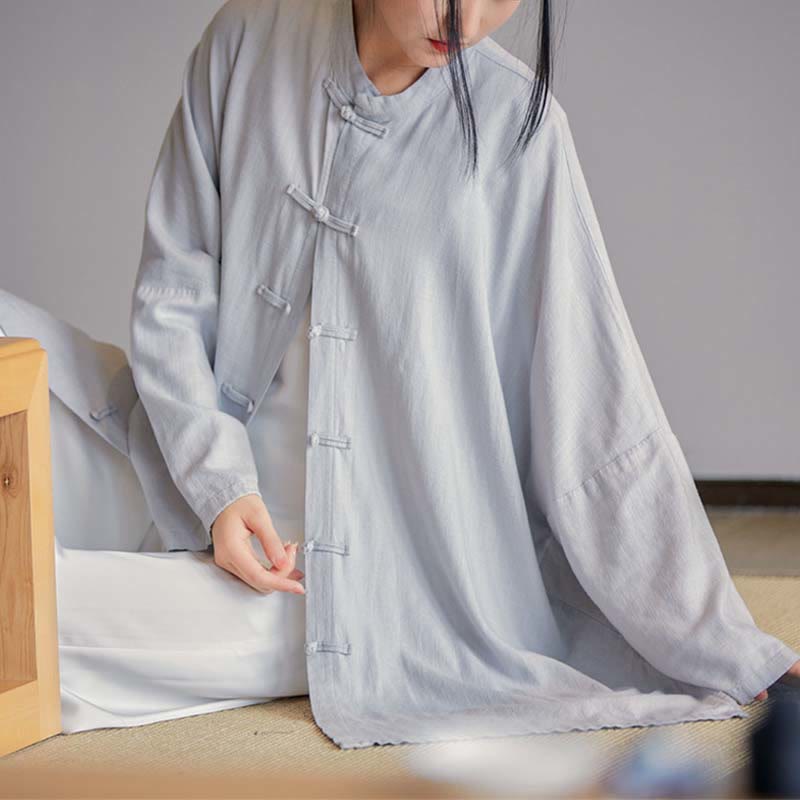 Buddha Stones無地 カエルボタンデザイン シャツ 禅 太極拳 瞑想用 トップス コットンリネン ジャケット - グレー（バスト150cm）（トップスのみ） - image 0