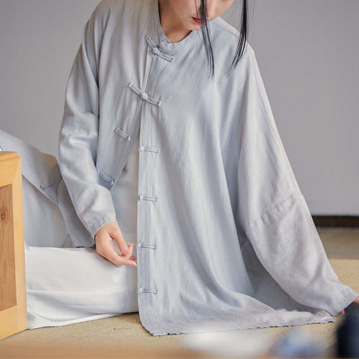 Buddha Stones無地 カエルボタンデザイン シャツ 禅 太極拳 瞑想用 トップス コットンリネン ジャケット - グレー（バスト150cm）（トップスのみ） - image 0