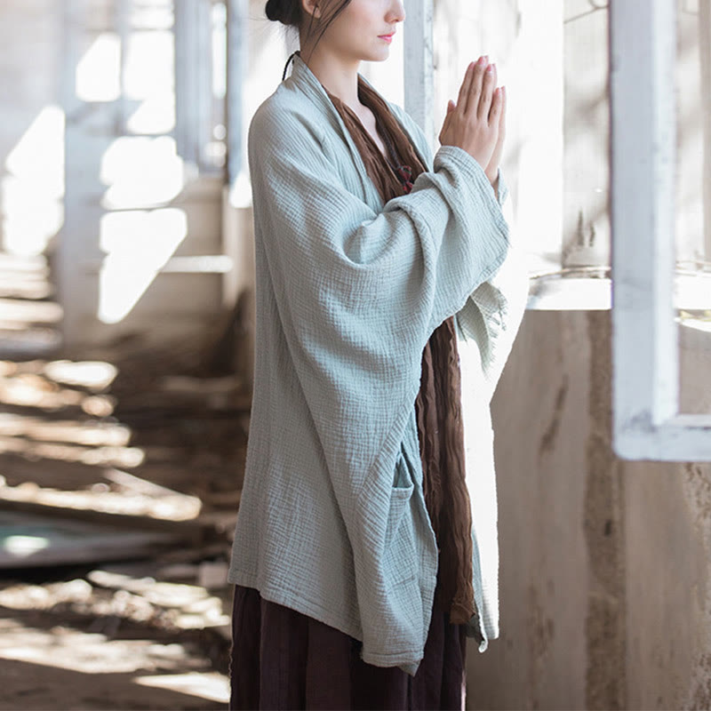 Buddha Stonesの無地デザイン長袖コート 禅瞑想 オープンフロントトップ コットンジャケット - グリーン（バスト192cm）（トップスのみ） - image 0