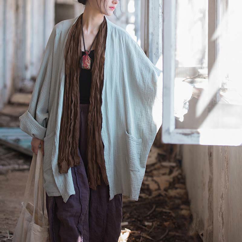 Buddha Stonesの無地デザイン長袖コート 禅瞑想 オープンフロントトップ コットンジャケット - image 9