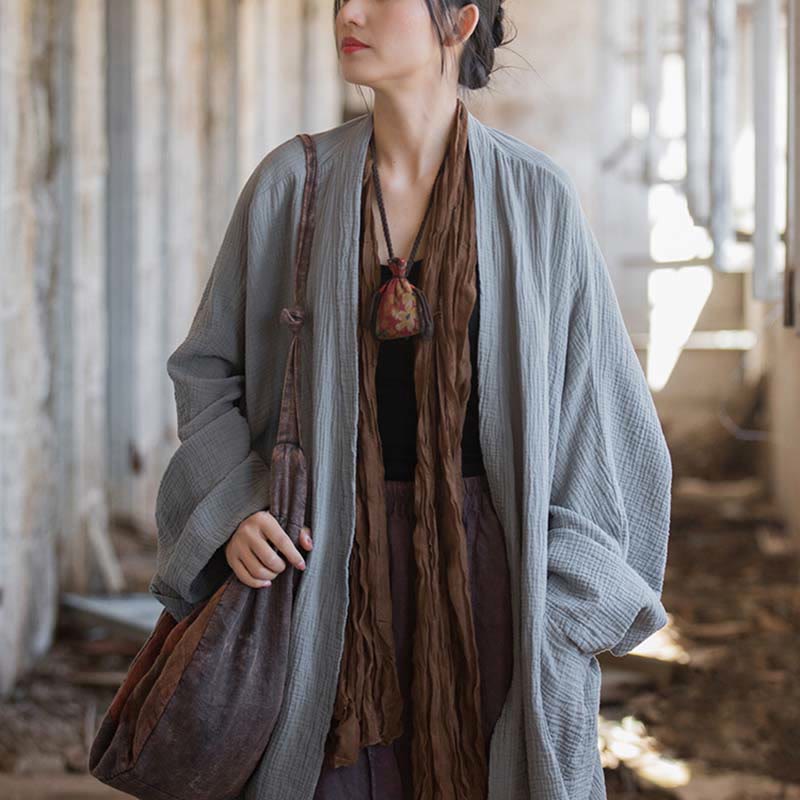 Buddha Stonesの無地デザイン長袖コート 禅瞑想 オープンフロントトップ コットンジャケット - image 29