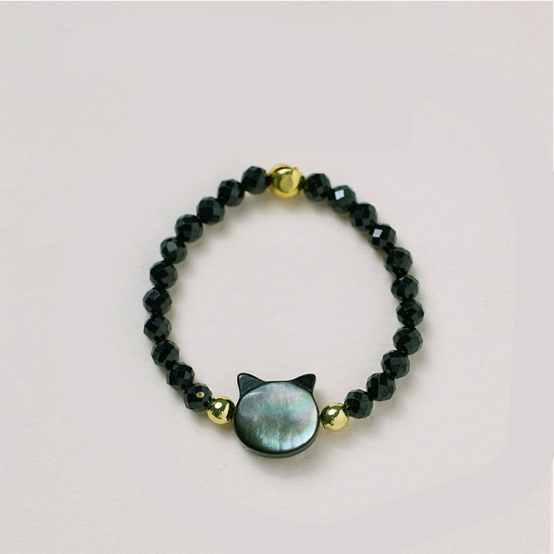 Buddha Stones天然シャコガイ石愛らしい猫14Kゴールド祝福リング - image 3