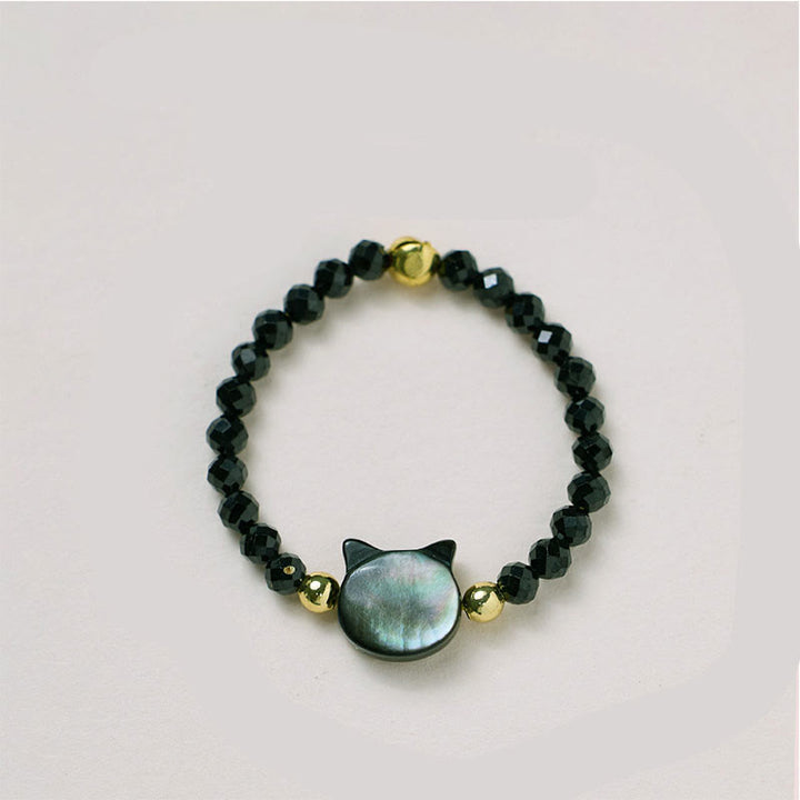 Buddha Stones天然シャコガイ石愛らしい猫14Kゴールド祝福リング - image 3