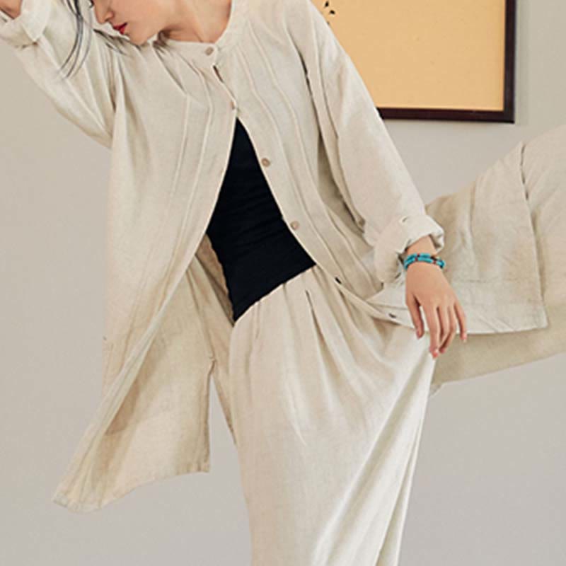 Buddha Stones無地 長袖 コート ジャケット トップス ワイドレッグパンツ 禅 太極拳 ヨガ 瞑想服 - ベージュ - コートのみ - US4-12、 UK/AU8-16、 EU36-44 (F) - image 1