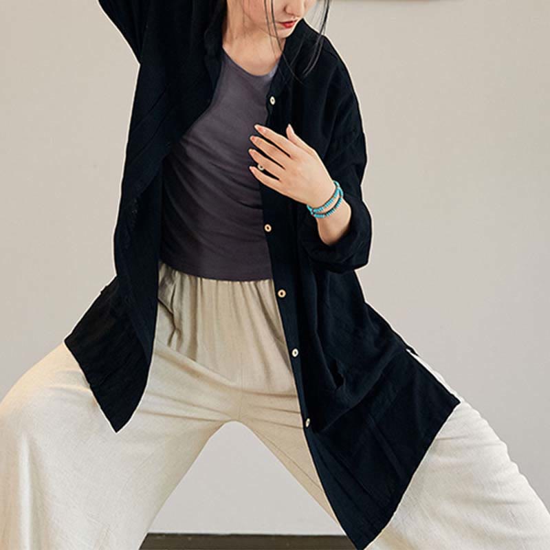 Buddha Stones無地 長袖 コート ジャケット トップス ワイドレッグパンツ 禅 太極拳 ヨガ 瞑想服 - 黒 - コートのみ - US4-12、 UK/AU8-16、 EU36-44 (F) - image 9