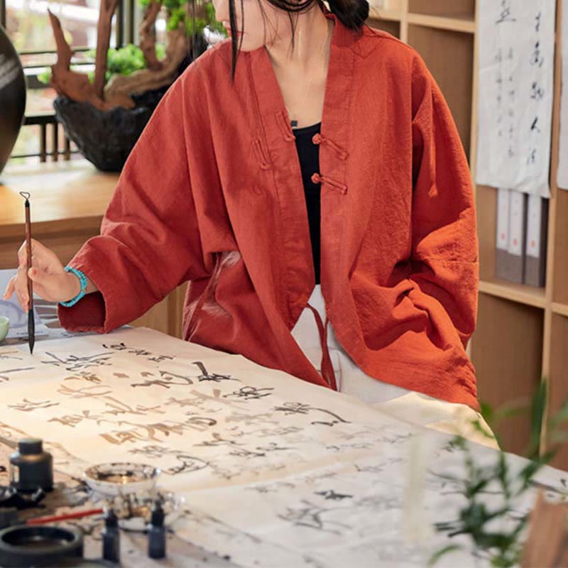 Buddha Stonesカエルボタン漢服デザイン長袖コート禅瞑想オープンフロントトップジャケット - image 2